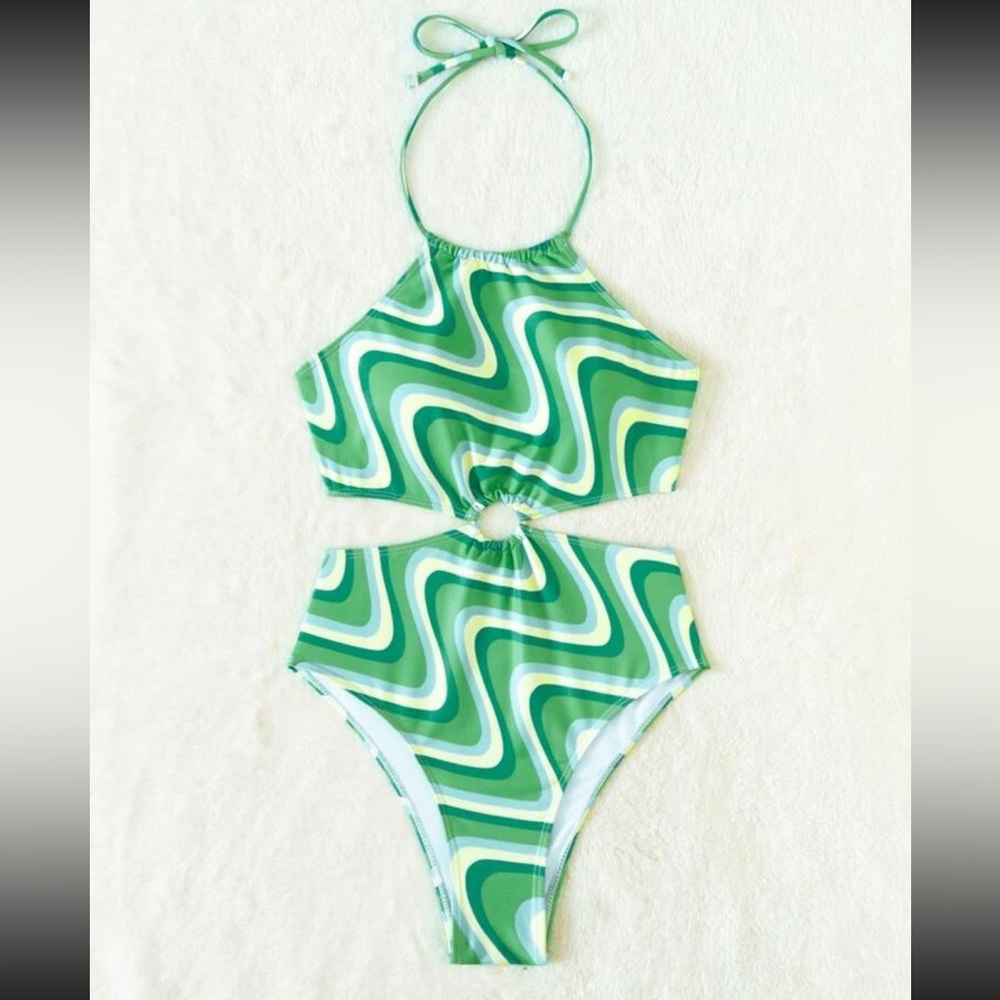Wave Striped O-Ring Cut Out Tie Backless Halter One Piece Swimsuit